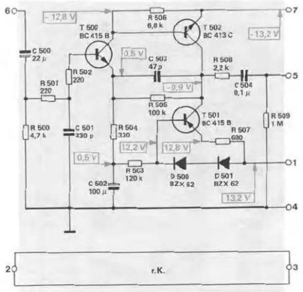 60 -12.8 V C 500 22 μ R 501 220 R 500 4.7 k C 501 230 p 0.5 V C 502 100 μ T 500 BC 415 B R 502 220 R 503 330 R 504 120 k R 506 6.8 k C 503 47 p R 506 100 k T 501 BC 415 B R 507 680 D 500 BZX 62 C 501 BZX 62 12.8 V R 508 2.2 k C 504 0.1 μ R 509 1 M -13.2 V 7 5 1 O1 O4 2 r.K. 3