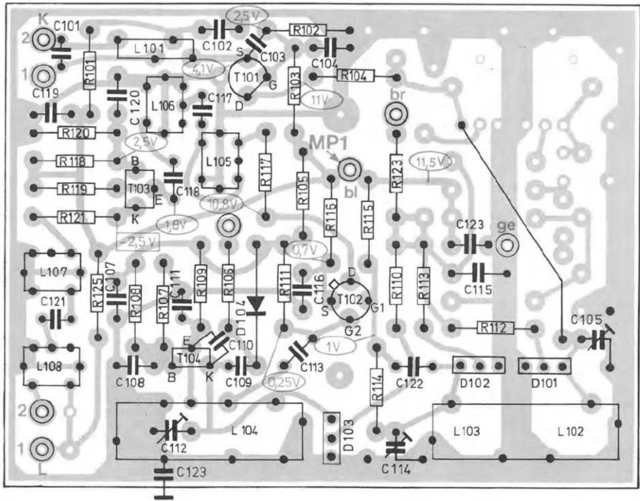 K C101 2 1 C119 R101 L101 C102 S 4.1V C103 T101 G C117 D R103 C104 R104 br MP1 R120 2.5V R118 B T103 E C118 L105 R117 R105 R116 R115 R123 11.5V L107 C121 R125 C107 R108 R107 C111 R109 R106 R111 C116 D T102 G1 C115 ge C123 C108 B C109 D104 E T104 C110 G2 C113 0.25V R114 C122 D102 D101 L103 L102 L108 L104 L103 L102