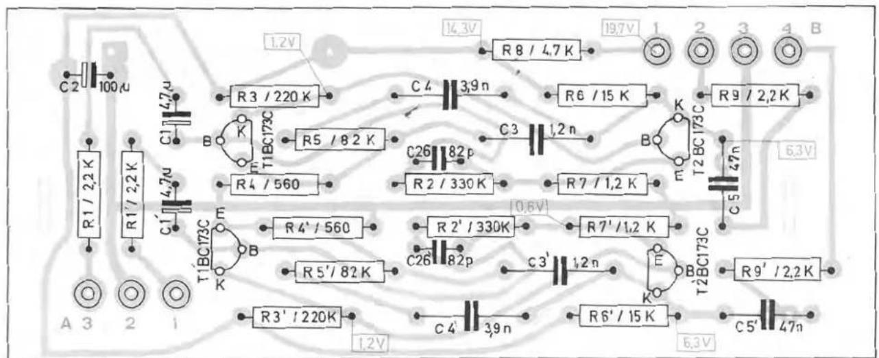 1.2V R8 / 4.7K 14.3V 19.7V 1 2 3 4 B C2 100μ R1 / 2.2K R1' / 2.2K C1 4.7μ R3 / 220 K C4 3.9n R6 / 15 K R9 / 2.2K C1' 4.7μ T1BC173C R5 / 8.2 K C3 1.2n R4 / 560 C26 82p R2 / 330 K R7 / 1.2 K T2BC173C 47n 6.3V C5 R4' / 560 R2' / 330K 0.6V R7' / 1.2 K C26 82p C3' 1.2n E B T2BC173C R9' / 2.2K R5' / 82K R3' / 220K C4' 3.9n R6' / 15 K 6.3V C5' 47n A 3 2 i