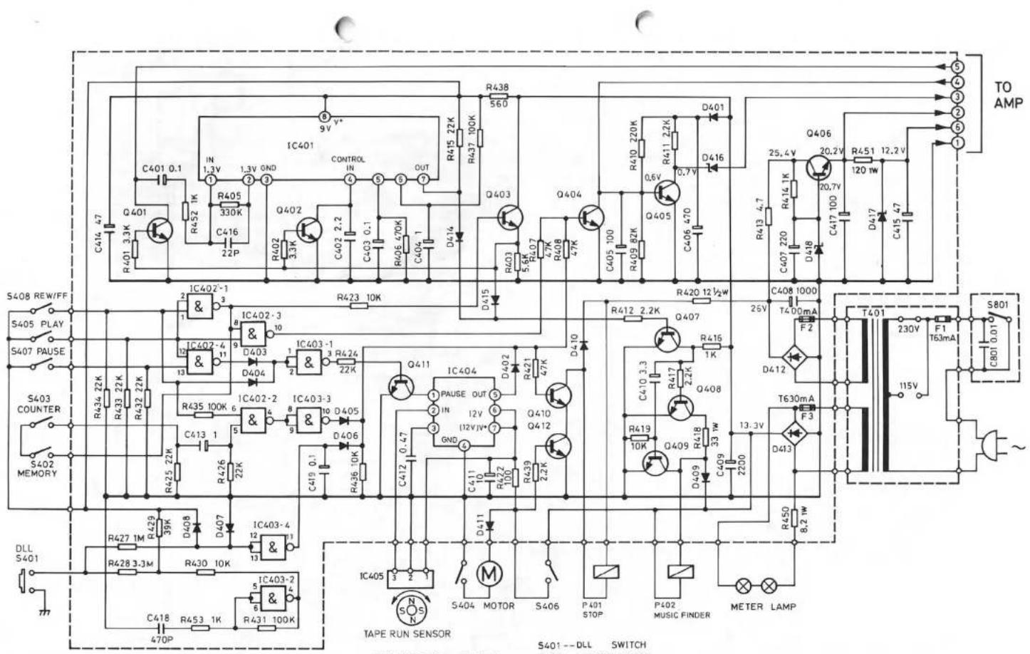 S408 REW/FF S405 PLAY S407 PAUSE S403 COUNTER S402 MEMORY DLL S401 C416 47 R401 3.3K Q401 0.1 R452 1K IN 1.3V GND C416 22P IC402-1 & 3 IC402-4 & 9 D403 10 IC403-1 & 3 D404 2 IC402-2 & 8 C413 1 R426 22K R425 22K R435 100K 6 R426 22K R436 10K R423 10K R424 22K R423 10K R426 10K R427 1M R428 3.3M R430 10K D407 D408 D407 IC403-4 & 13 IC403-2 & 5 R453 1K R431 100K IC401 9V Y* CONTROL IN OUT C403 2.2 C403 0.1 C404 1 D414 D415 D416 D417 D418 D419 D420 12½W C405 100 R407 82K R408 82K R409 82K R410 220K Q403 5.6K Q407 4.7K Q408 4.7K Q409 82K Q412 2.2K Q407 1K R415 2.2K Q408 3.3 Q410 3.3 Q419 10K Q409 33TW C509 2200 T630mA F3 D413 T401 230V F1 T63mA S801 115V AC source ~
