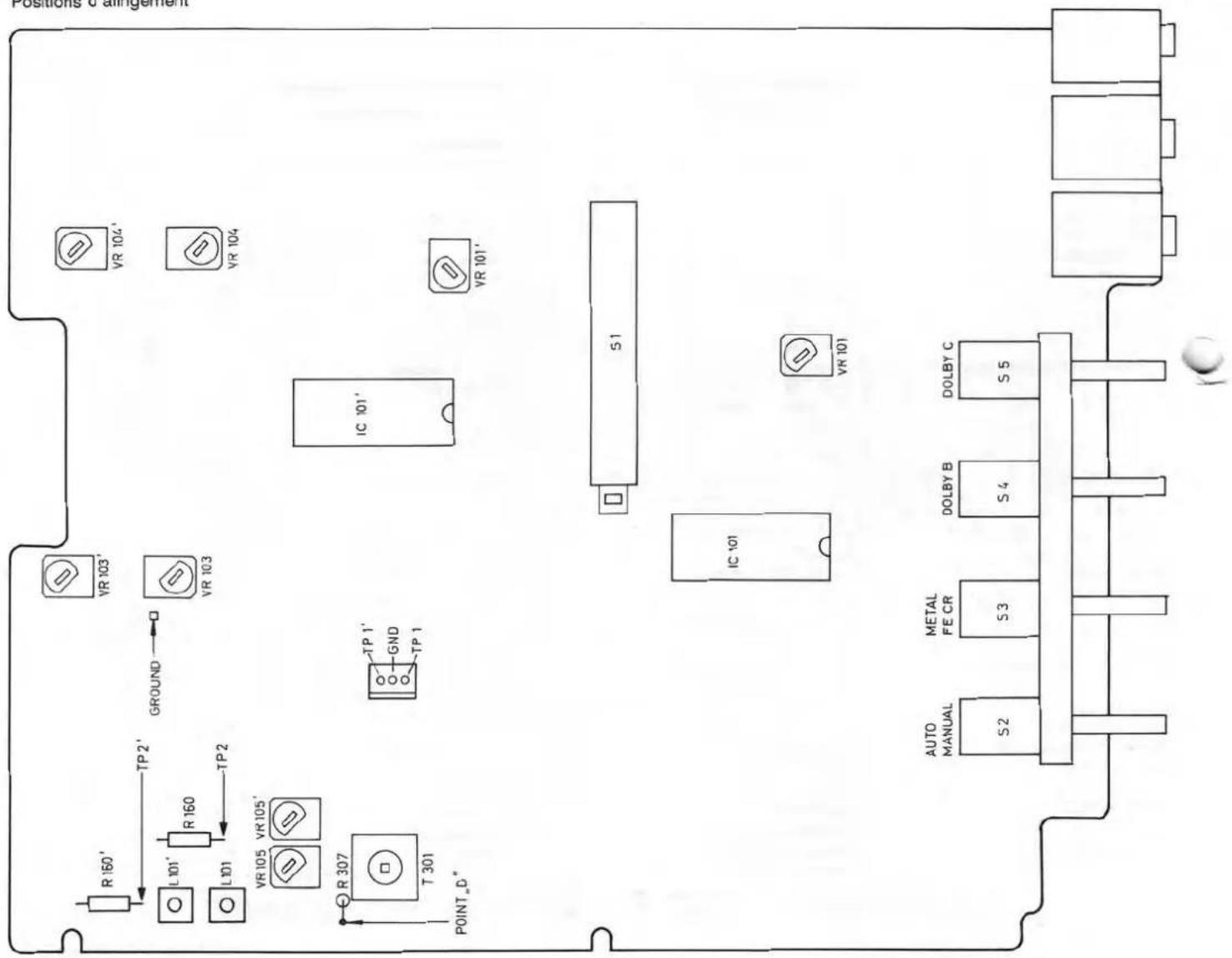Positions & alignement VR 104' VR 104 VR 103' VR 103 Ground TP2' R 160' L 101' R 160 L 101 TP2 VR 105 VR 105' R 307 T 301 POINT "D" IC '101' GND TP 1 S1 VR 101 IC '101' METAL FE CR S2 S3 S4 S5 DOLBY C DOLBY B S 5 AUTO MANUAL AUTO DOLBY C S 4 S 3 S 2