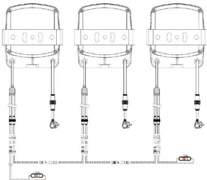 Technical diagram showing three identical mechanical or electrical components with labeled parts and connections, including a 1000-unit resistor and a 1000-unit battery.