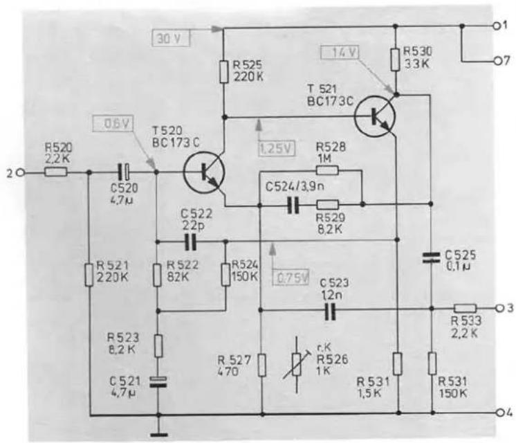 30 V R520 2.2K C520 4.7μ 0.6V T520 BC173 C R521 220K R522 82K C522 22p R524 150K R525 220K R526 1K C524/3.9n R528 1M R529 8.2K C523 12n R527 470 r.K R526 1K R531 1.5K R530 33K T 521 BC173C 1.25V C525 0.1μ R533 2.2K R531 150K O1 O7 O4