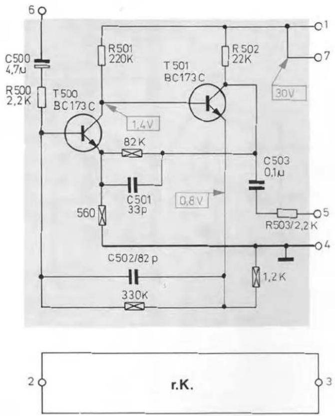 6 C500 4.7μ R500 2.2K T500 BC173C R501 220K T501 BC173C 82K 1.4V C501 33p 560 C502/82 p 330K 1,2K 0.8V R502 22K 30V C503 0.1μ R503/2.2K O1 O7 O4 2 r.K. 3