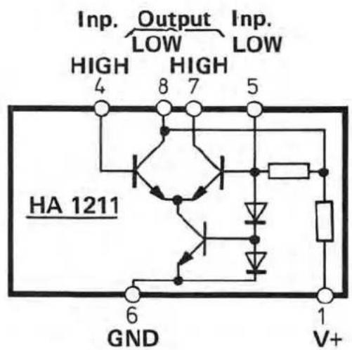 Inp. Output Inp. LOW LOW HIGH HIGH 4 8 7 5 HA 1211 6 GND 1 V+