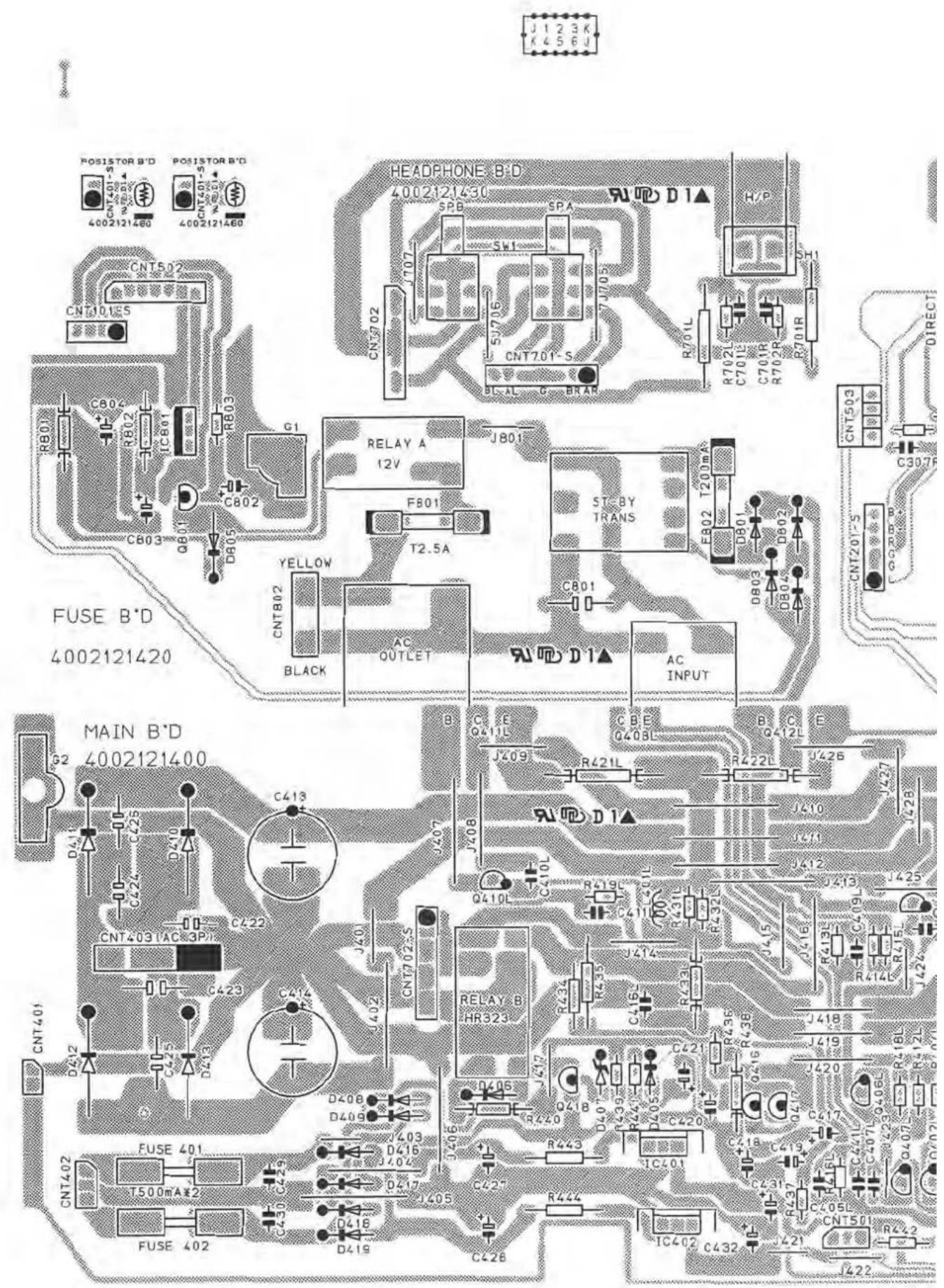 J 1 2 3 K K 4 5 6 J 4002121480 POSISTOR B'D 4002121480 POSISTOR B'D 4002121480 CNT502 CN T01S C804 R802 ICB01 C803 Q801 D805 G1 C802 R803 C803 R801 CNT802 YELLOW BLACK RELAY A 12V FB01 T2.5A ST BY TRANS C801 AC OUTLET AC INPUT FUSE B'D 4002121420 MAIN B'D 4002121400 C413 C422 C429 C414 C413 C410L C410L C411L C410L C413L C415L C416L C417L C418L C419L C420L C421L C422L C423L C424L C425L C426L C427L C428L C429L C430L C431L C432L C433L C434L C435L C436L C437L C438L C439L C440L C441L C442L C443L C444L C445L C446L C447L C448L C449L C450L C451L C452L C453L C454L C455L C456L C457L C458L C459L C460L C461L C462L C463L C464L C465L C466L C467L C468L C469L C470L C471L C472L C473L C474L C475L C476L C477L C478L C479L C480L C481L C482L C483L C484L C485L C486L C487L C488L C489L C490L C491L C492L C493L C494L C495L C496L C497L C498L C499L C500M A I 2 FUSE 401 T500mA I 2 FUSE 402