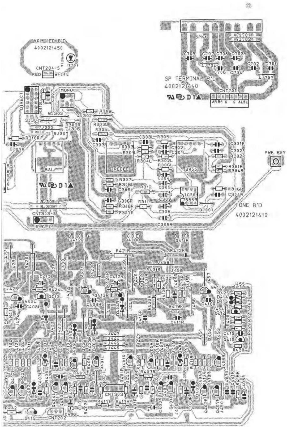 VOLLED B/D 4002121450 CNT204-S RED WHITE MOLO R310R 6J303 R309R 7J305 6J307 R309L R303L R305L C303R R303 R30L R304L C304L C305L C306R R307L R308L C306L TREBLE R312 R306R R311 R308R C308R C305R C301F C302R R302R R301R R304R C304L C305L C309L C309 C305R C305R C301 C306R C304R PWR KEY TONE B*D 4002121410 SP TERMINAL B*D 4002121440 CNT701 AR BR G G ALBL
