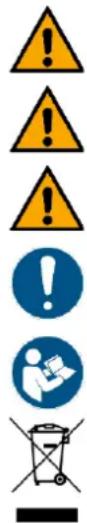 Warning symbols including warning signs, warning circles, and a trash bin with crossbones