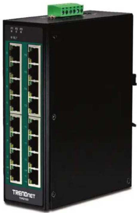Black TREAD NET network switch with multiple Ethernet ports and a green terminal block (no visible text or symbols on the device body)