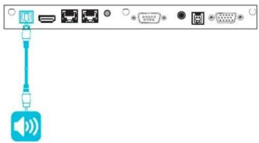 Diagram showing connection ports and a speaker icon with signal waves, likely from an electronic device interface.