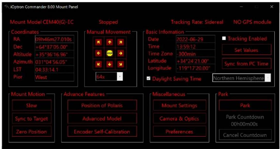 iOption Commander 8.00 Mount Panel Mount Model CEM40(G)-EC Coordinates RA 09h46m27.010s Dec +64°37'05.00" Altitude +35°36'16.96" Azimuth 031°04'56.05" LST 04:33:14.1 Pier West Stopped Manual Movement 64x Tracking Rate: Sidereal NO GPS module Basic Information Date 2022-06-29 Time 13:59:12 Time Zone -300min Latitude +34°24'21.00" Longitude -119°17'20.00" ✓ Daylight Saving Time Northern Hemisphere Tracking Enabled Set Values Sync from PC Time Mount Motion Slew Sync to Target Zero Position Advance Features Position of Polaris Advanced Model Encoder Self-Calibration Miscellaneous Mount Settings Camera & Optics Preferences Park Park Countdown 00h00m00s Cancel Countdown
