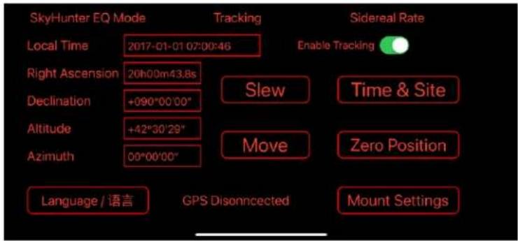 SkyHunter EQ Mode Tracking Sidereal Rate Local Time 2017-01-01 07:00:46 Enable Tracking Right Ascension 20h00m43.8s Declination +090°00'00" Slew Time & Site Altitude +42°30'29" Move Zero Position Azimuth 00°00'00" Language / 语言 GPS Disonnected Mount Settings