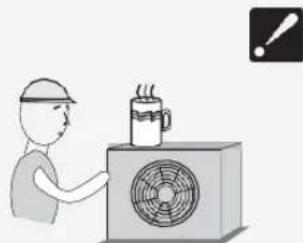 Illustration of a worker operating an air conditioner with a steaming cup (no text or symbols).