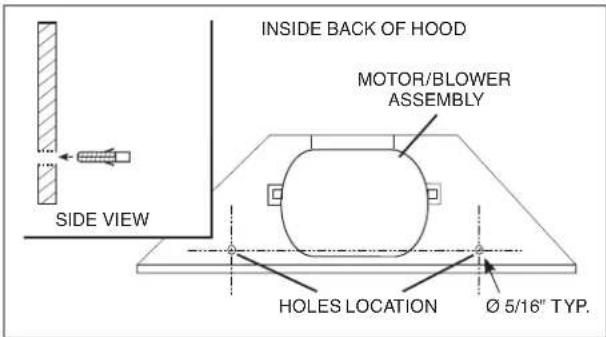 INSIDE BACK OF HOOD MOTOR/BLOWER ASSEMBLY SIDE VIEW HOLES LOCATION Ø 5/16" TYP.