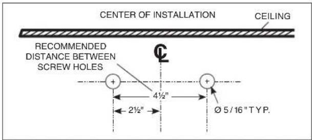 CENTER OF INSTALLATION CEILING RECOMMENDED DISTANCE BETWEEN SCREW HOLES 4½" 2½" Ø 5/16" TYP.