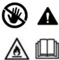 Four black-and-white warning symbols: no hand, warning triangle, triangular warning sign, and open book