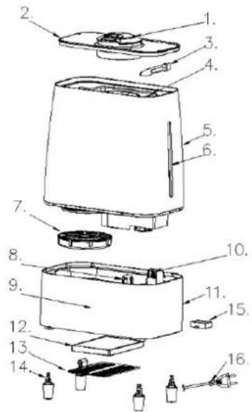 Exploded diagram of a toaster oven with numbered parts for identification