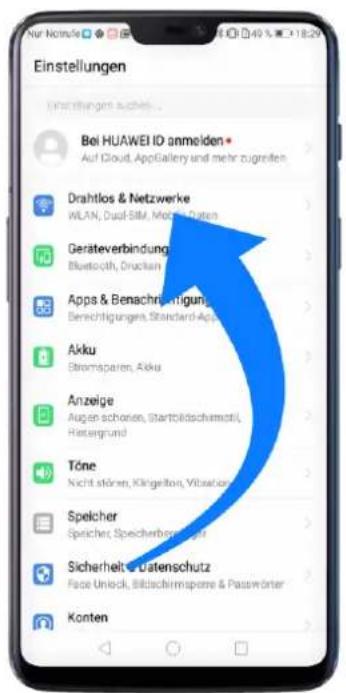 Einstellungen Einstellungen auches Bei HUAWEI ID anmelden * Auf Cloud, AppGallery und mehr zugreiten Drahtlos & Netzwerke WLAN, Dual-SIM, Monthly Caten Gerateverbindung Bluetooth, Druckin Apps & Benachmäßigung Berechtigungen, Standard-App Akku Stromsparen, Akku Anzeige Augen schonen, Startbildschirmotil, Hassergund Töne Nicht stönen, Klingelton, Västanzen Speicher Speicher, Speichwirkschlag Sicherheit & Latenschutz Face Unlock, Bildschirmspapiere & Passwörter Konten