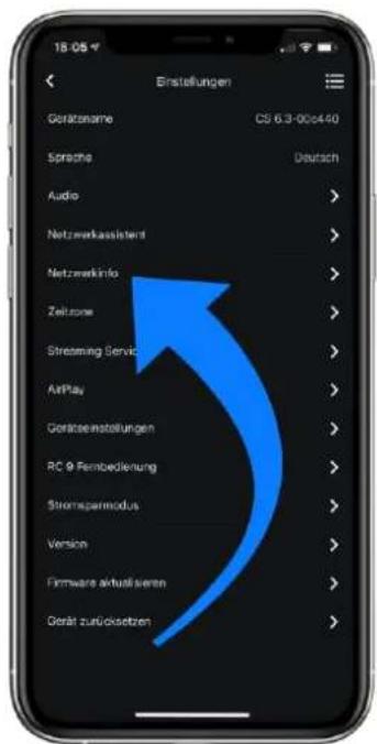 Erstellungen Gerätsname CS 6.3-00c440 Sprache Deutsch Audio > Netzwerkassistent > Netzwerkinfo > Zeitrome > Streaming Servic > AirPlay > Gerästeinstellungen > RC 9 Fernbedierung > Storreparmodus > Version > Firmware aktualisieren > Gerät zurücksetzen >