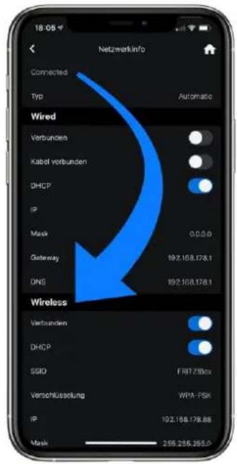 18:05 Netzwerkinfo Connected Typ Automatic Wired Verbunden Kabel verbunden DHCP IP Mask 0.0.0.0 Gateway 192.168.178.1 DNS 192.168.178.1 Wireless Verbunden DHCP SSID FRT/78Box Verschusselung WPA-FSK IP 192.168.178.86 Mask 255.255.265.0
