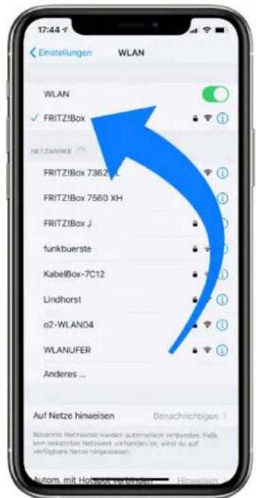 17:44 Einstellungen WLAN WLAN ✓ FRITZ!Box NET ZEBEIE FRITZ!Box 7362 L FRITZ!Box 7560 XH FRITZ!Box J funkbuerste KabelBox-7C12 Lindhorst o2-WLAN04 WLANUFER Anderes ... Auf Netze hinweisen Benachrichtigen Bekarnte Netzwerk werden automatisch verbunden. Falls ken bekanntes Netzwerk vorhanden ist, wird du auf verfügbare Netze hingestellen. Autom. mit Hotbox verbunden - Hinweisen