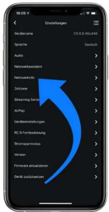 Einstellungen Gerätename C5 0.3-00c440 Sprache Deutsch Audio > Netzwerkassistant > Netzwerkinfo > Zeitzone > Streaming Servic > AirPlay > Geräteinstellungen > BC 9 Frembedierung > Stromspanmodus > Version > Firmware aktualisieren > Gerät zurücksetzen >