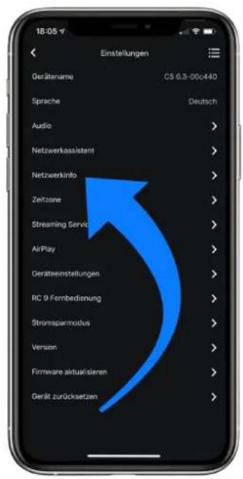 18:05 Einstellungen Gerätename C5 6.3-00c440 Sprache Deutsch Audio > Netzwerkassistent > Netzwerkinfo > Zeitzone > Streaming Servic > AirPlay > Geräteestellungen > RC 9 Fernbedienung > Strömsparmodus > Version > Firmware aktualisieren > Gerät zurücksetzen >