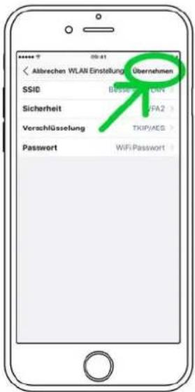 Abbrechen WLAN Einstellung SSID Sicherheit Verschlüsselung Password Übernehmen Bestim Bini FA2 TKIP/AES WIF/Passwort