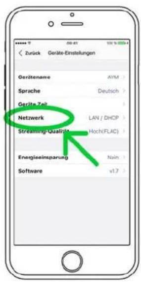 Zurück Geräte-Einstellungen Gerätename AVM Sprache Deutsch Geräte Zeit Netzwerk LAN / DHCP Streaming-Qualista Hoch(FLAC) Energieeinsparung Nain Software v1.7