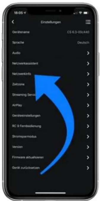 Einstellungen Gerätename CS 6.3-00c440 Sprache Deutsch Audio > Netzwerkassistent > Netzwerkinfu > Zeitzone > Streaming Servi AirPlay > Geräteinstellungen > RC 9 Fernbedienung > Stromgasmodus > Version > Firmware aktualsieren > Gert zurücksetzen >