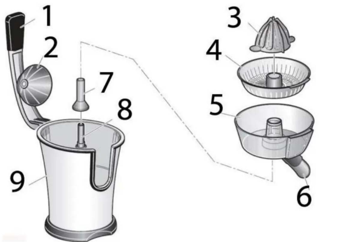 Diagram of a coffee maker with numbered parts and exploded view, showing components like cup, stand, and filter.