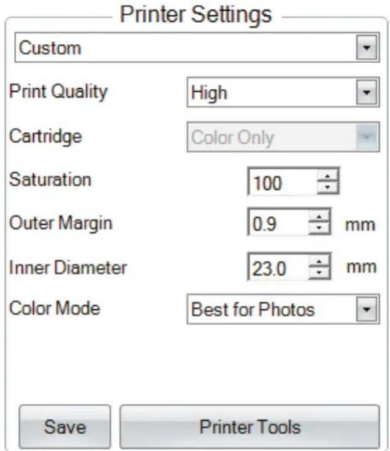 Printer Settings Custom Print Quality High Cartridge Color Only Saturation 100 Outer Margin 0.9 mm Inner Diameter 23.0 mm Color Mode Best for Photos Save Printer Tools