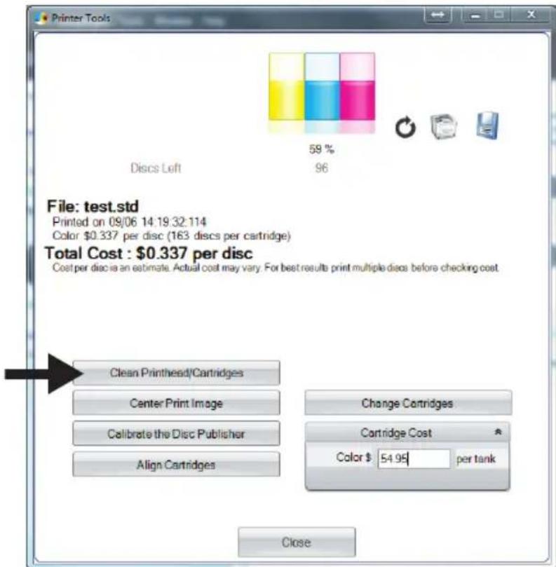 Printer Tools Discs Loft 59 % 96 File: test.std Printed on 09/06 14:19:32:114 Color $0.337 per disc (163 discs per cartridge) Total Cost : $0.337 per disc Cost per disc is an estimate. Actual cost may vary. For best results print multiple discs before checking cost. Clean Printhead/Cartridges Center Print Image Calibrate the Disc Publisher Align Cartridges Change Cartridges Cartridge Cost Color $ 54.95 per tank Close