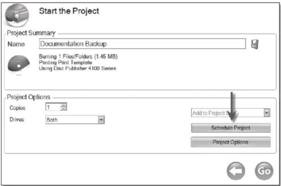 Start the Project Project Summary Name Documentation Backup Burning 1 Files/Folders (1.45 MB) Printing Print Template Using Disc Publisher 4100 Series Project Options Copies 1 Drives Both Add to Project Site Schedule Project Project Options