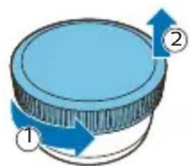 Diagram showing a blue cylindrical object with two directional arrows labeled 1 and 2, indicating rotational or flow direction.