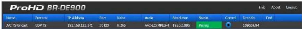 ProHD BR-DE900 Name Protocol IP Address Port Video Audio Resolution Status Cancel Decoder Fwd JVC TS Unicast UDP TS 192.168.123.141 30120 H.265 MC-LC(MPEG-1 1920x1080 Playing 108059.94