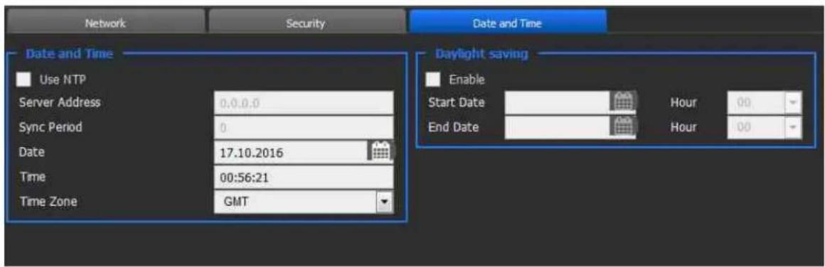 Network Security Date and Time Use NTP Server Address 0.0.0.0 Sync Period 0 Date 17.10.2016 Time 00:56:21 Time Zone GMT Daylight saving Enable Start Date Hour 00 End Date Hour 00