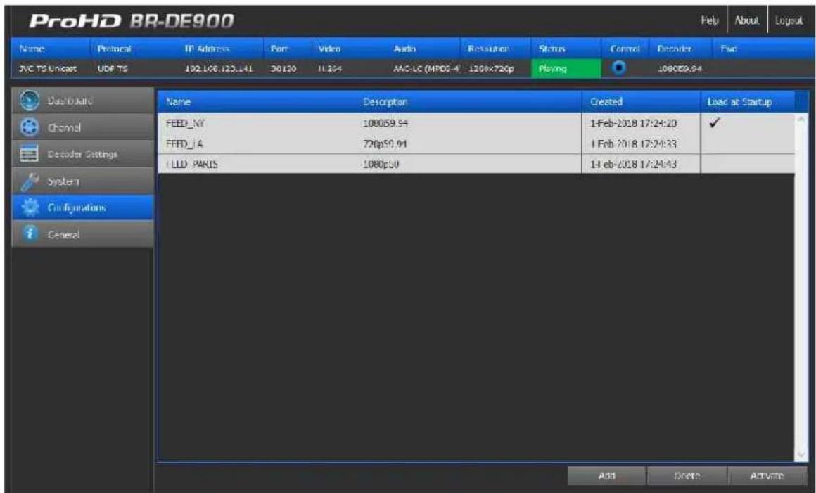 ProHD BR-DE900 Name Protocol IP Address Port Video Audio RNAVATION Stches Cancel Decoder Fwd 7VC TS Uncart UDP TS 122,106,123,41 30120 11324 AAC-LC (MPG-A) 1208x720p Playing 108059.94 Distribuid Channel Decoder Settings System Configurations General Name Descripton Created Load at Startup FEED_NY 108059.94 1-Feb-2018 17:24:20 FFRD_LA 720p51.94 1-Feb-2018 17:24:33 ILLD_PAKIS 1080p50 1-Feb-2018 17:24:43 Add DoRt Active