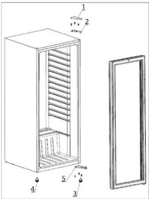 Technical diagram of a refrigerator with labeled parts including front panel, side panel, and interior compartments