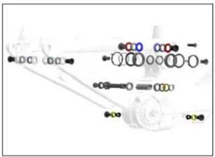 Diagram of car suspension system components with colored rings and connectors (no text or labels)