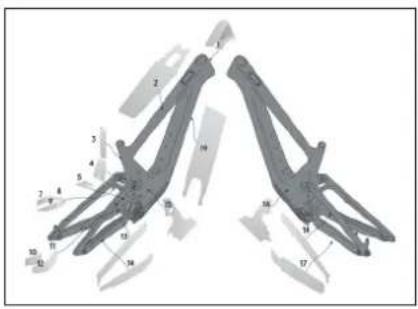 Technical diagram of a mechanical linkage system with numbered components for identification