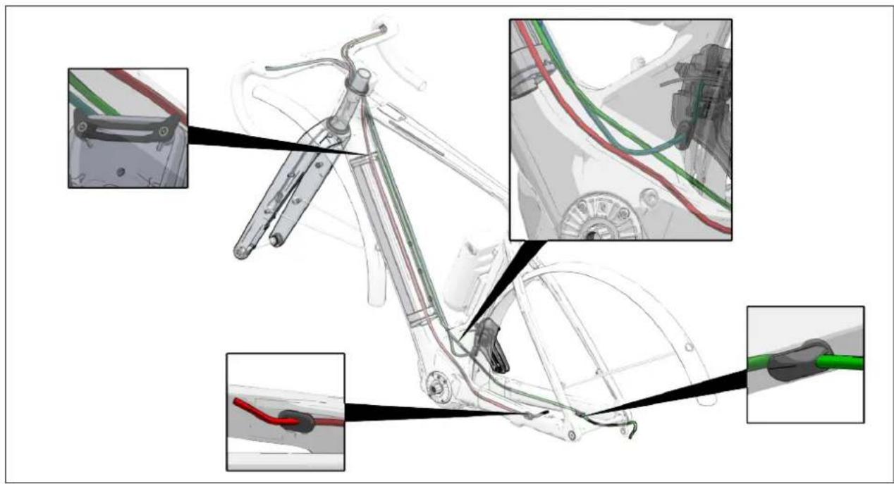 Mechanical assembly diagram showing linkage components and wiring connections (no text or labels)