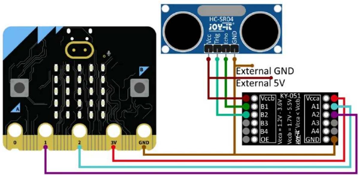 HC-SR04 JOY-1K® Vcc Trig Echo GND External GND External 5V Vccb KY-051 B1 B2 B3 B4 OE Vcc=1.2V - 3.6V Vccb=1.7V - 5.5V Vcca = 1.2V - 3.6V A1 A2 A3 A4 GND