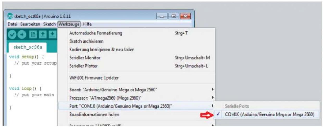 sketch_oct06a | Arcuino 1.6.11 Datei Bearbeiten Sketch Werkzeuge Hilfe sketch_oct06a void setup() : // put your setup } void loop() { // put your main } Automatische Formatierung Strg+T Sketch archivieren Kodierung korrigieren & neu laden Serieller Monitor Strg+Umschalt+M Serieller Plotter Strg+Umschalt+L WiFi01 Firmware Updater Board: "Arduino/Genuino Mega or Mega 2560" Prozessor: "ATmega2560 (Mega 2560)" Port: "COM10 (Arduino/Genuino Mega or Mega 2560)" Boardinformationen hclen Serielle Ports COM1C (Arduino/Genuino Mega or Mega 2560)