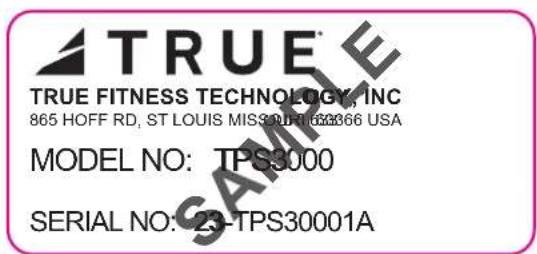 TRUE TRUE FITNESS TECHNOLOGY, INC 865 HOFF RD, ST LOUIS MIS3000163366 USA MODEL NO: TPS3000 SERIAL NO: ZA-TPS30001A