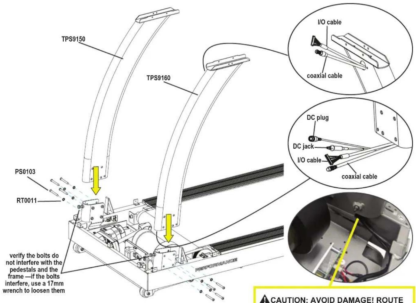 TPS9150 TPS9160 PS0103 RT0011 verify the bolts do not interfere with the pedestals and the frame—if the bolts interfere, use a 17mm wrench to loosen them PERFORMANCE I/O cable coaxial cable DC plug DC jack I/O cable coaxial cable CAUTION: AVOID DAMAGE! ROUTE