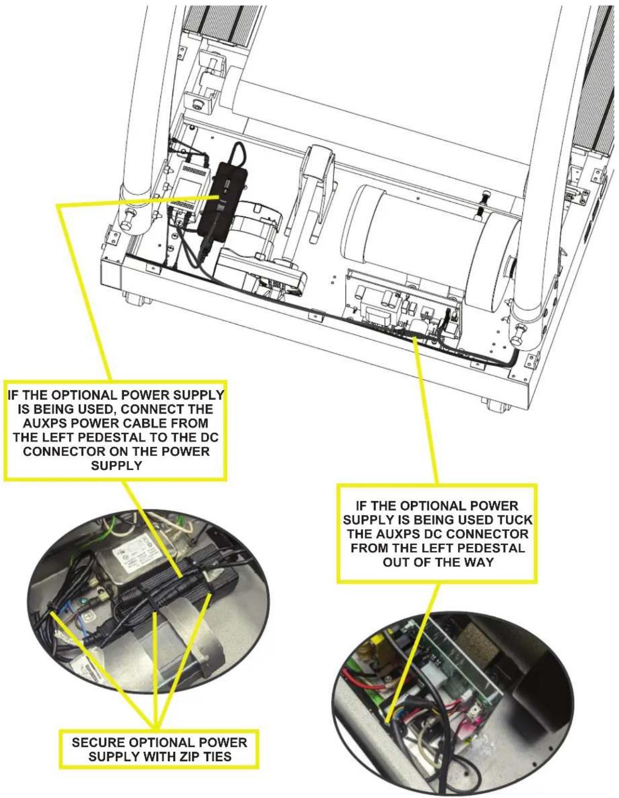 IF THE OPTIONAL POWER SUPPLY IS BEING USED, CONNECT THE AUXPS POWER CABLE FROM THE LEFT PEDESTAL TO THE DC CONNECTOR ON THE POWER SUPPLY IF THE OPTIONAL POWER SUPPLY IS BEING USED TUCK THE AUXPS DC CONNECTOR FROM THE LEFT PEDESTAL OUT OF THE WAY SECURE OPTIONAL POWER SUPPLY WITH ZIP TIES