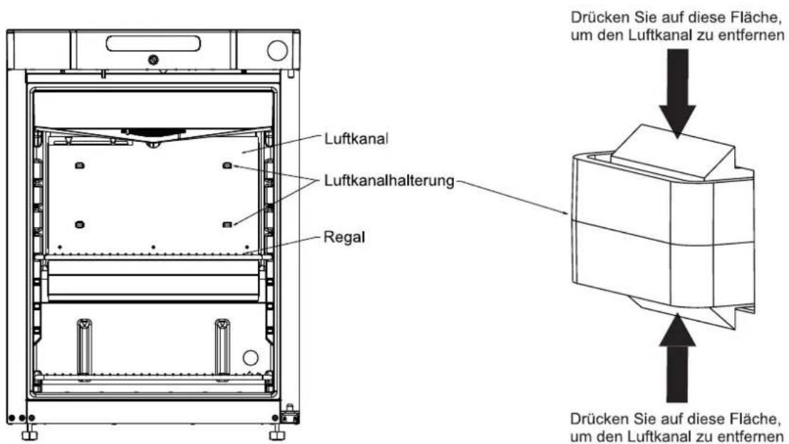 Drücken Sie auf diese Fläche, um den Luftkanal zu entfernen Luftkanal Luftkanalhalterung Regal Drücken Sie auf diese Fläche, um den Luftkanal zu entfernen