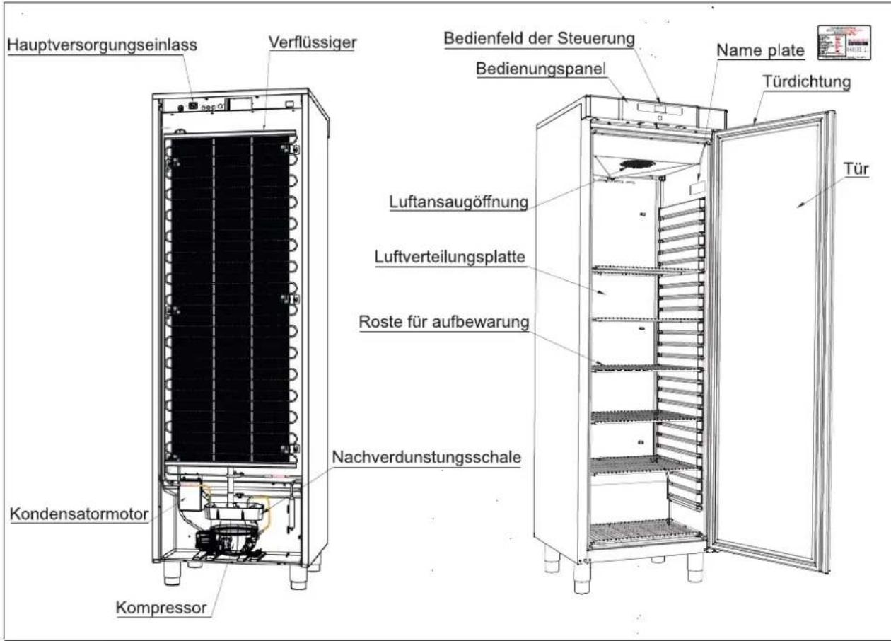 Hauptversorgungseinlass Verflüssiger Bedienfeld der Steuerung Bedienungspanel Name plate Türdichtung Kondensatormotor Kompressor Luftausaugöffnung Luftverteilungsplatte Roste für aufbewarung Nachverdunstungsschale Tür