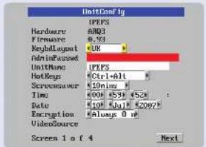 UnitConfig Hardware Firmware RegalLayout AdminPassed UnitNone HotKeys Screenpower Time Date Encryption VideoSource IPERS A031 0.751 UR IPERS Ctrl+Alt 20ms 58 -52 100 -100 - $2067 #Always 0 mp Screen 1 of 4 Next